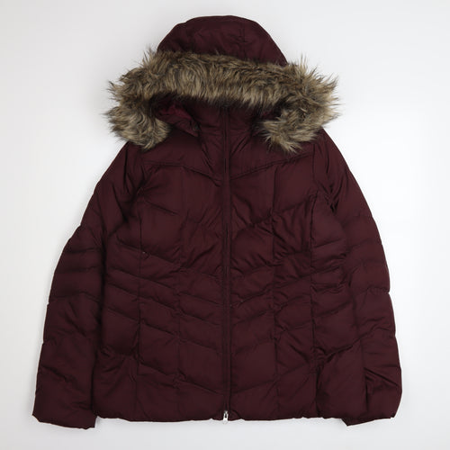 Lands' End Womens Red Down Puffer Jacket L Fur Hood Winter Coat