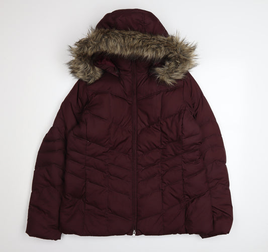 Lands' End Womens Red Down Puffer Jacket L Fur Hood Winter Coat