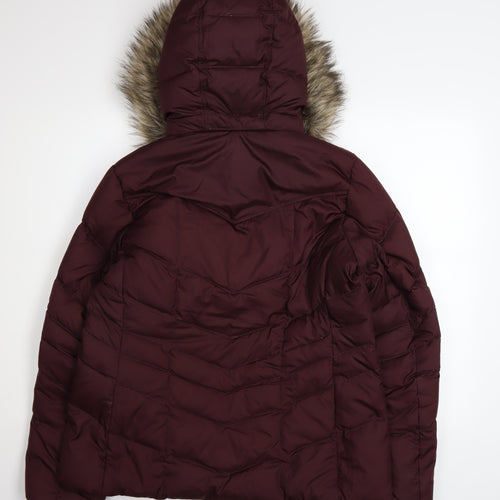 Lands' End Womens Red Down Puffer Jacket L Fur Hood Winter Coat