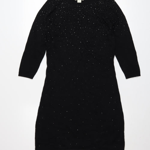 Monsoon Women Black Beaded Shift Dress Size 10 3/4 Sleeve