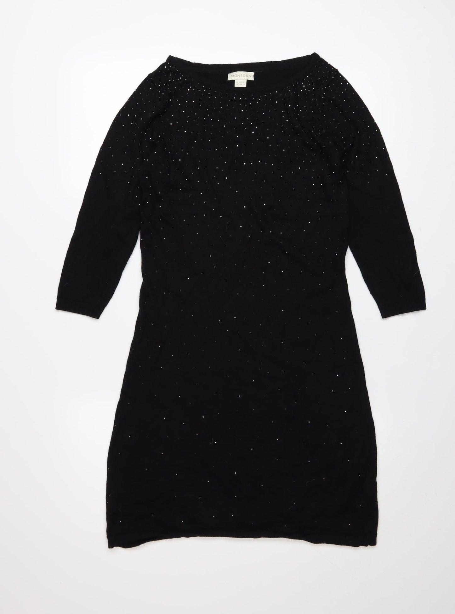 Monsoon Women Black Beaded Shift Dress Size 10 3/4 Sleeve