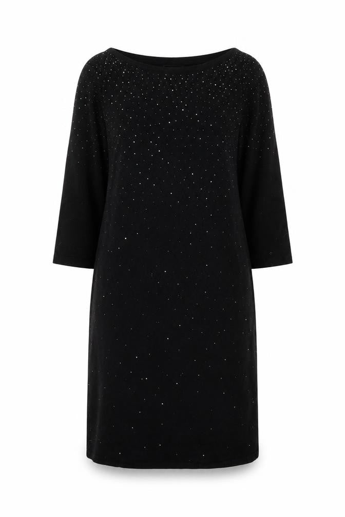 Front view of Monsoon Women Black Beaded Shift Dress, size 10, 3/4 Sleeve