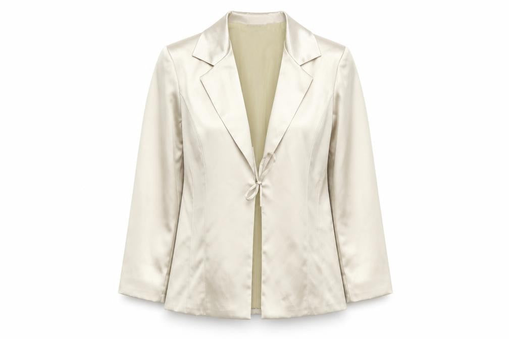 Front view of Pilot Women’s Ivory Satin Slim Fit Tie Front Blazer, size UK 12