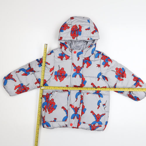 Marks and Spencer Boys Grey Spider-Man Puffer Jacket 2-3 Years Hooded Winter Coat