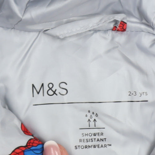 Marks and Spencer Boys Grey Spider-Man Puffer Jacket 2-3 Years Hooded Winter Coat