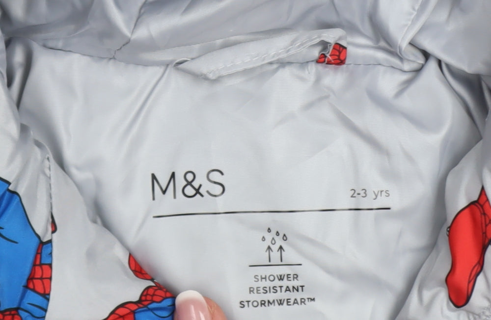 Marks and Spencer Boys Grey Spider-Man Puffer Jacket 2-3 Years Hooded Winter Coat