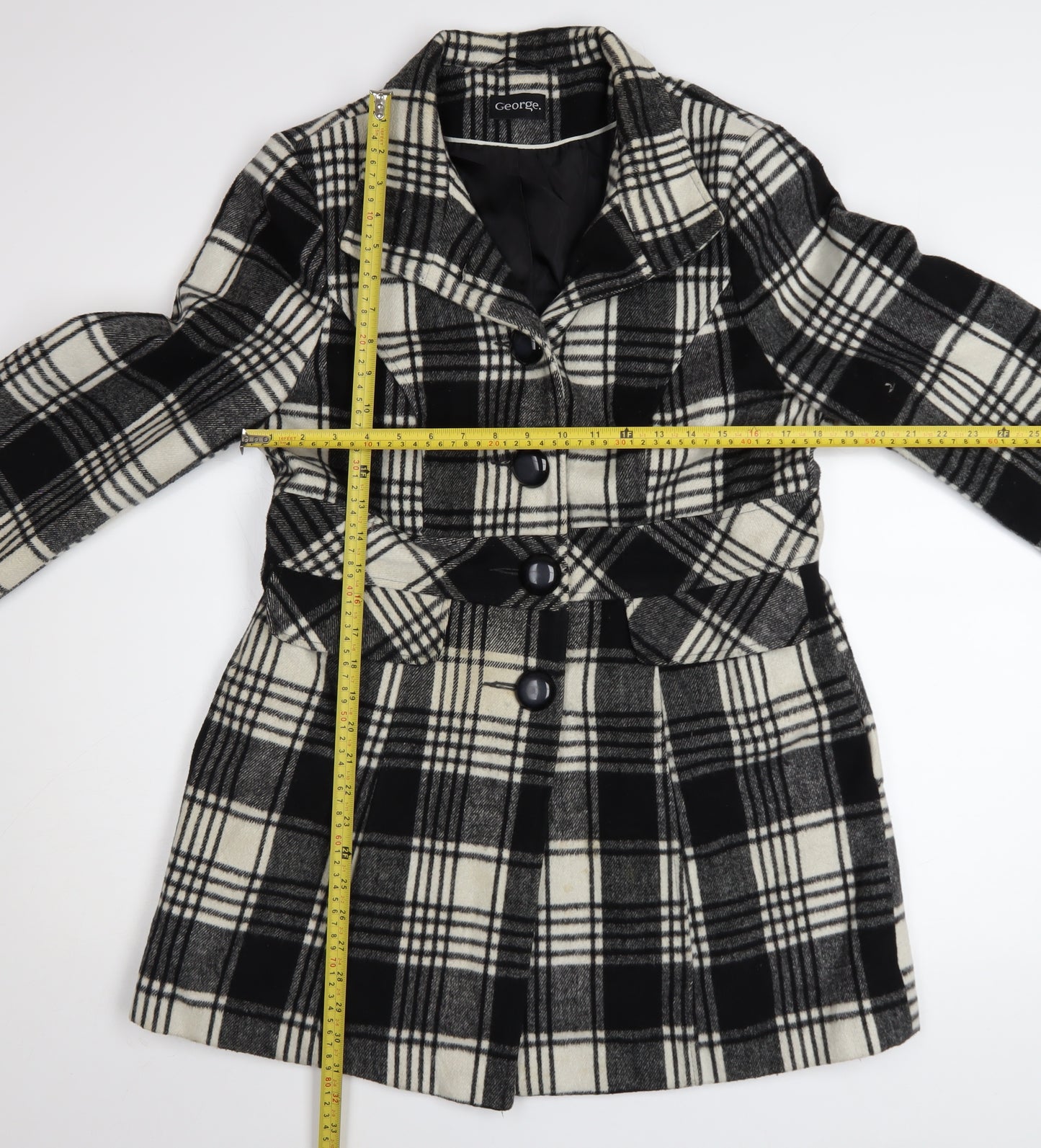 George Women’s Black Check Wool Blend Mid-Length Coat Size 14