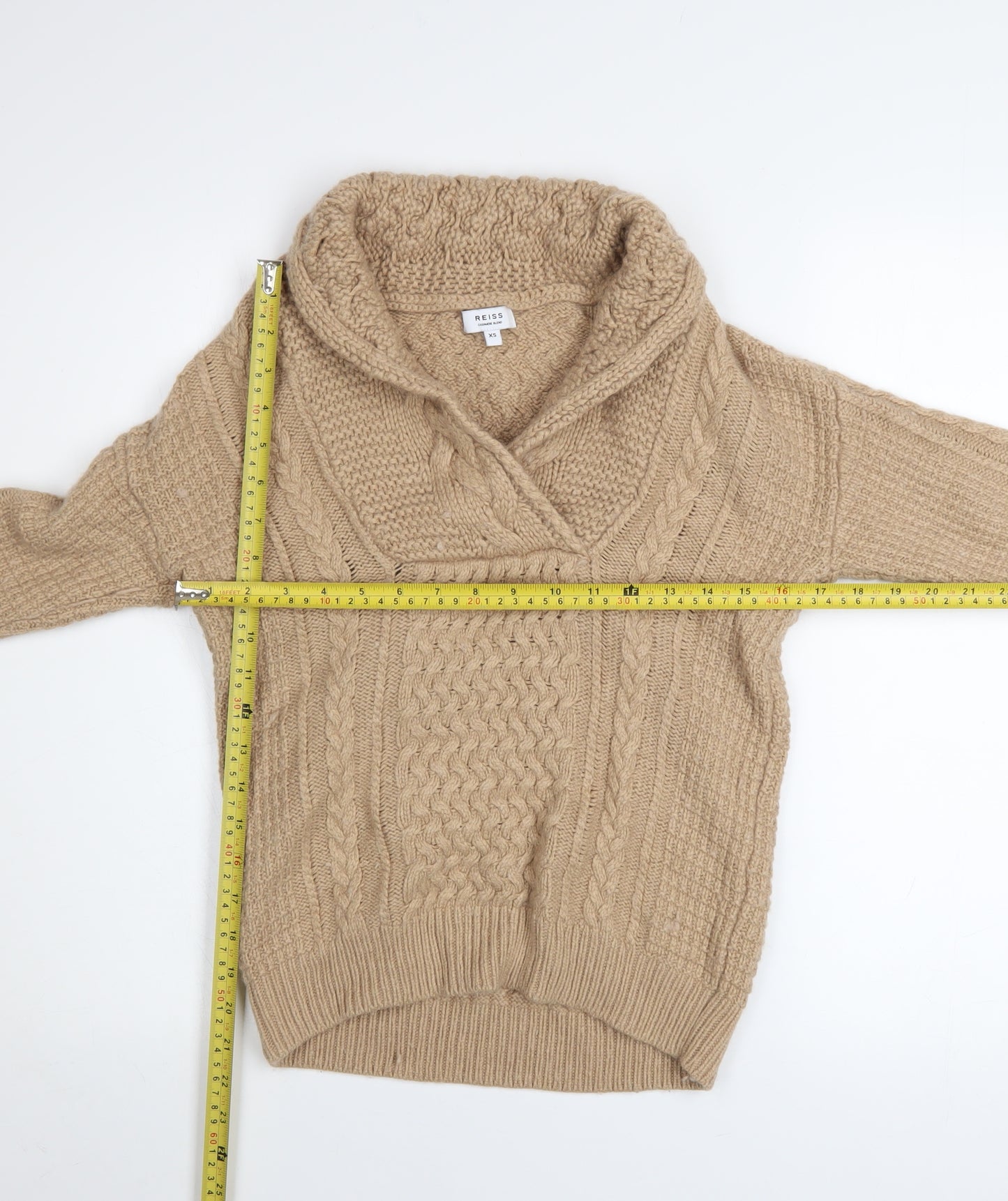 Reiss Women Beige XS Cable-Knit Cashmere Blend Cowl Neck Jumper