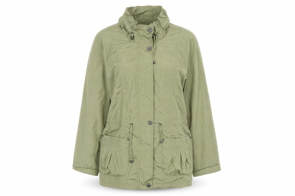 Front view of Bonmarché women’s green, size UK 16, lightweight anorak jacket with pockets