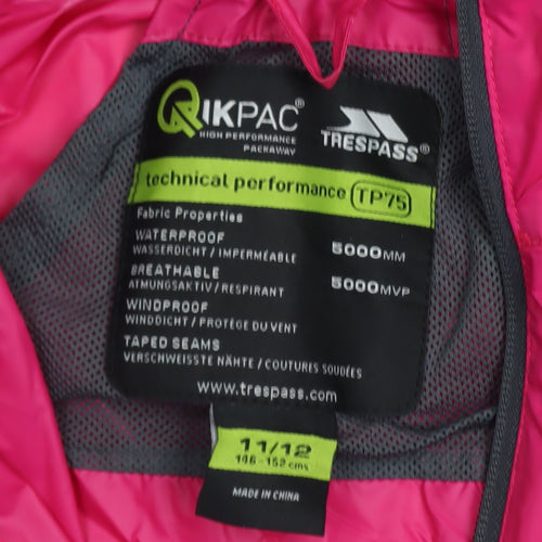 Trespass Girls Pink Waterproof Hooded Rain Coat Jacket 11-12 Years