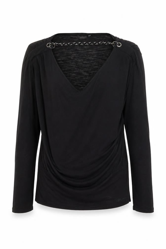 Front view of Firetrap Women's Black Wrap Long Sleeve Lyocell Blouse, size M