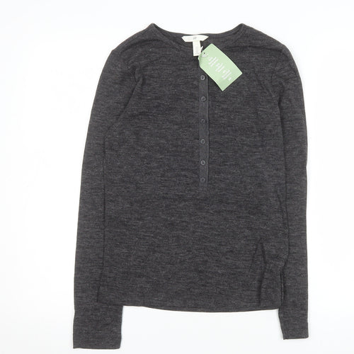 H&M Women’s Grey Long Sleeve Button-Up Basic Jersey Top L
