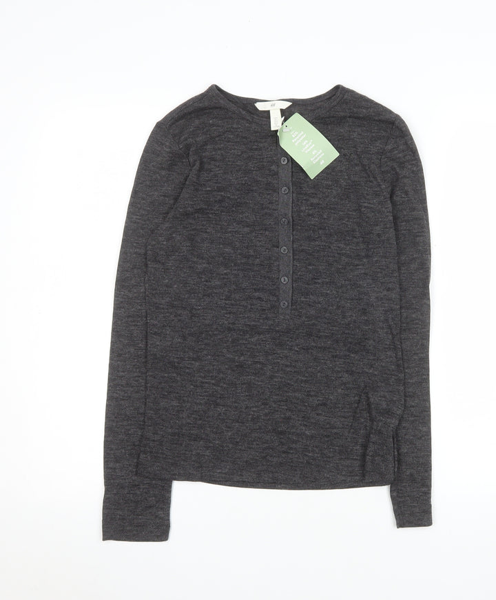 H&M Women’s Grey Long Sleeve Button-Up Basic Jersey Top L