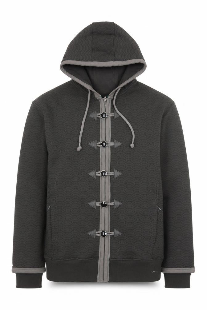 Front view of JINX men’s grey hooded button jacket medium cotton blend casual coat