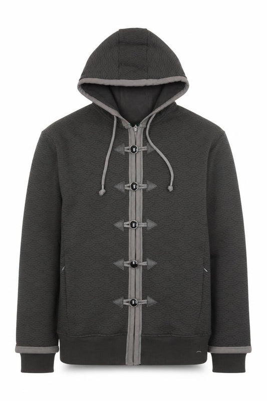 Front view of JINX men’s grey hooded button jacket medium cotton blend casual coat