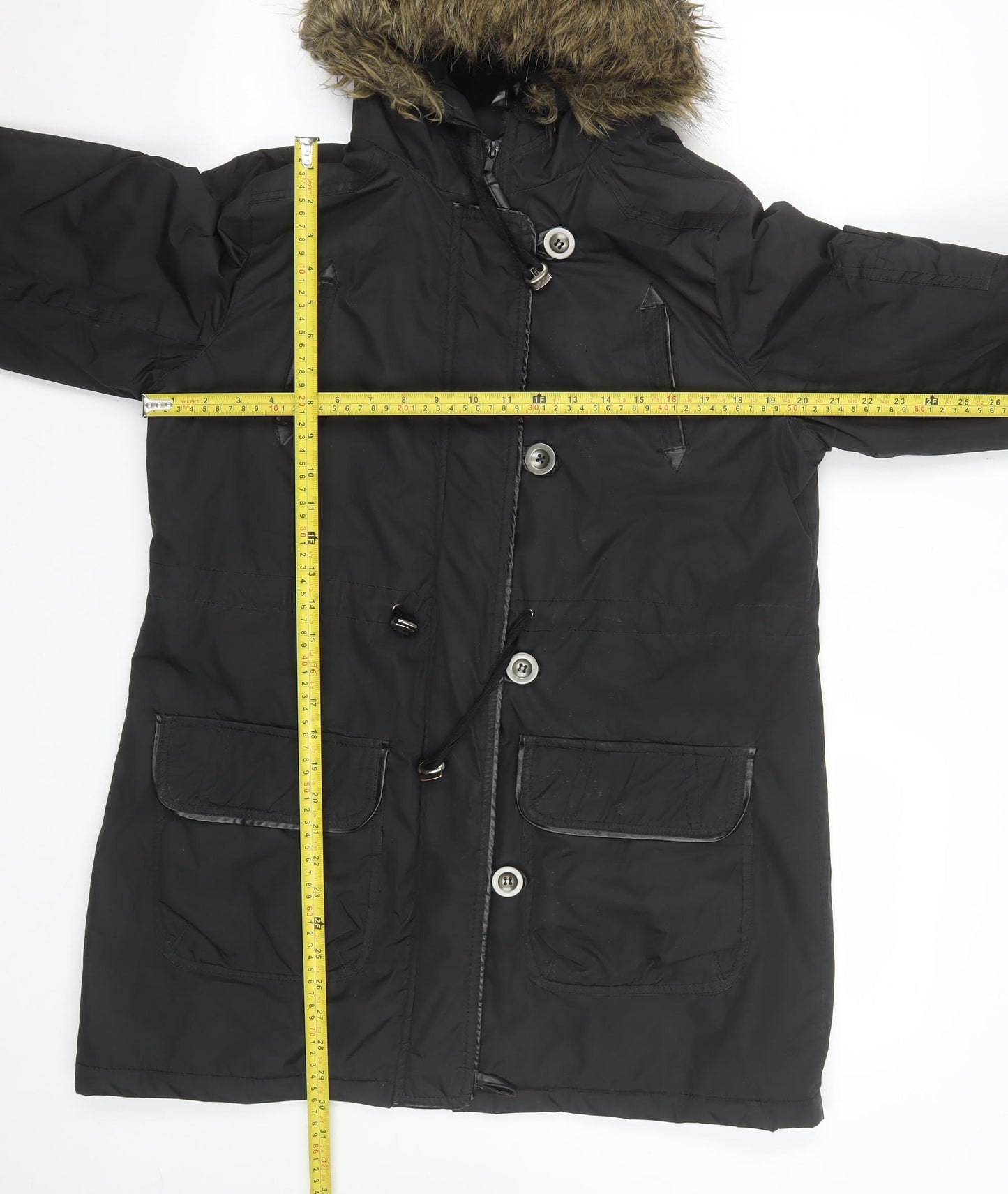 Fluid Womens Black Faux Fur Hooded Parka Coat Size 12