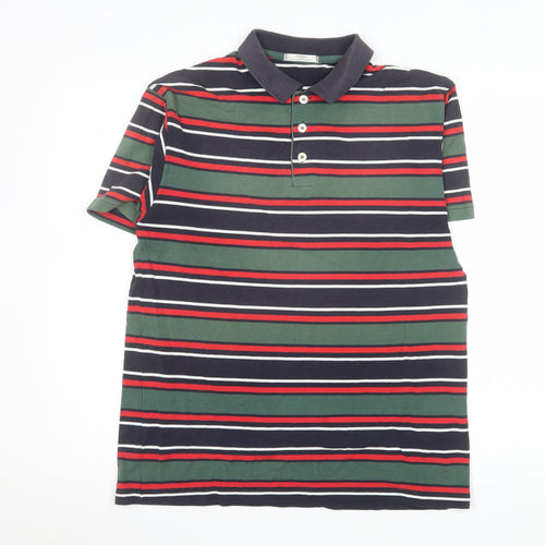 Marks and Spencer Mens Green Navy Striped Polo Shirt Size M Classic Fit