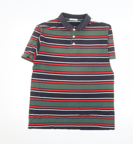 Marks and Spencer Mens Green Navy Striped Polo Shirt Size M Classic Fit