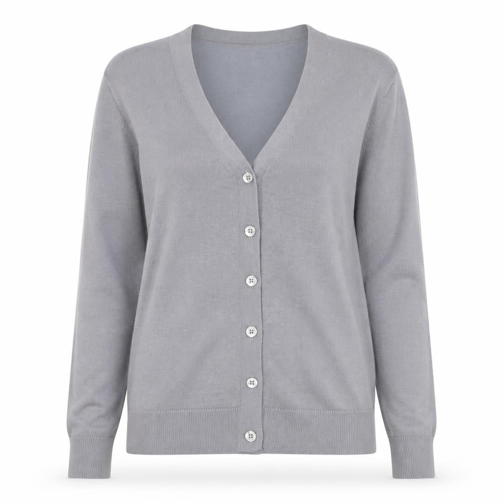 Front view of Haomeili women’s grey v-neck button cardigan, size S