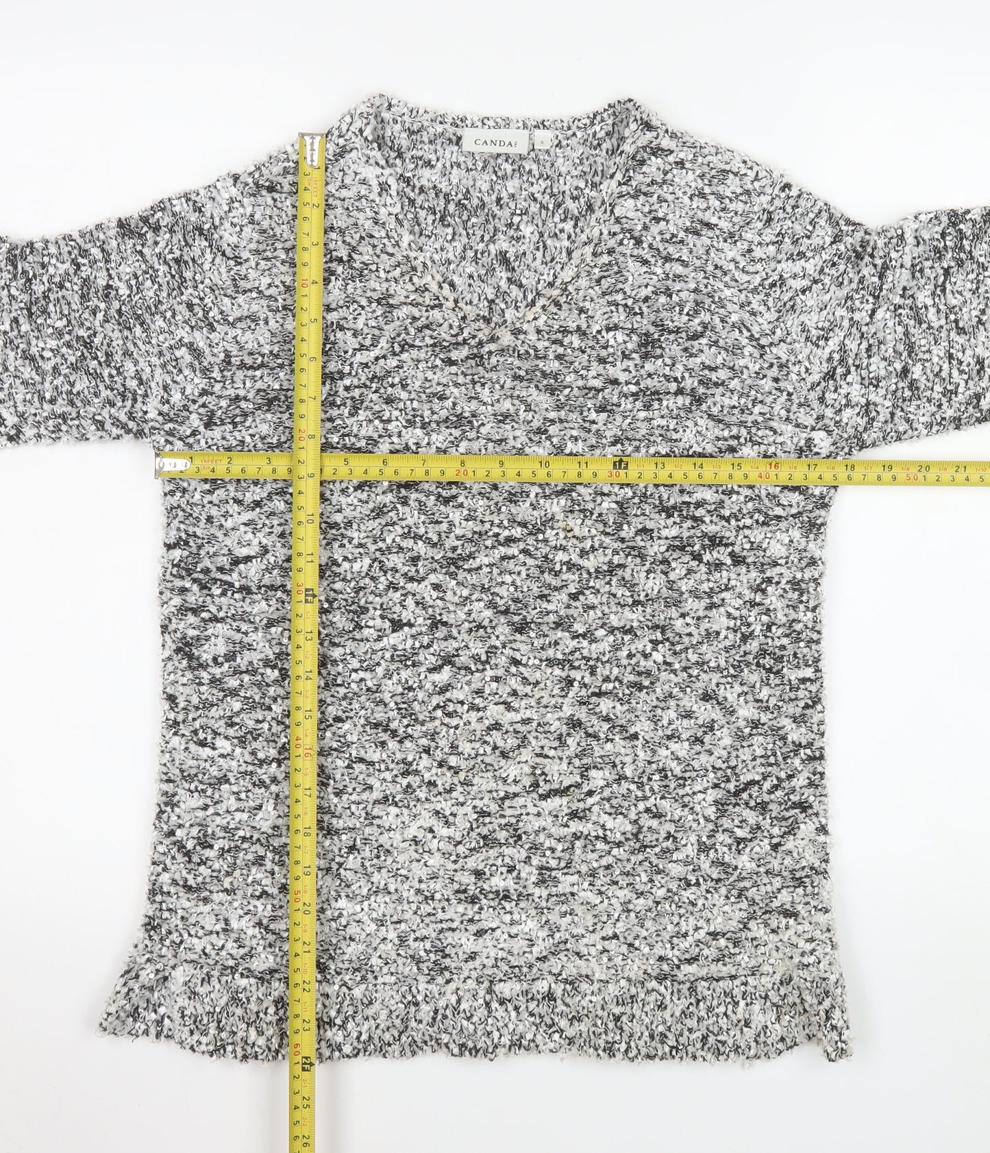 Canda Women’s Grey Chunky Knit V-Neck Pullover Jumper Size S