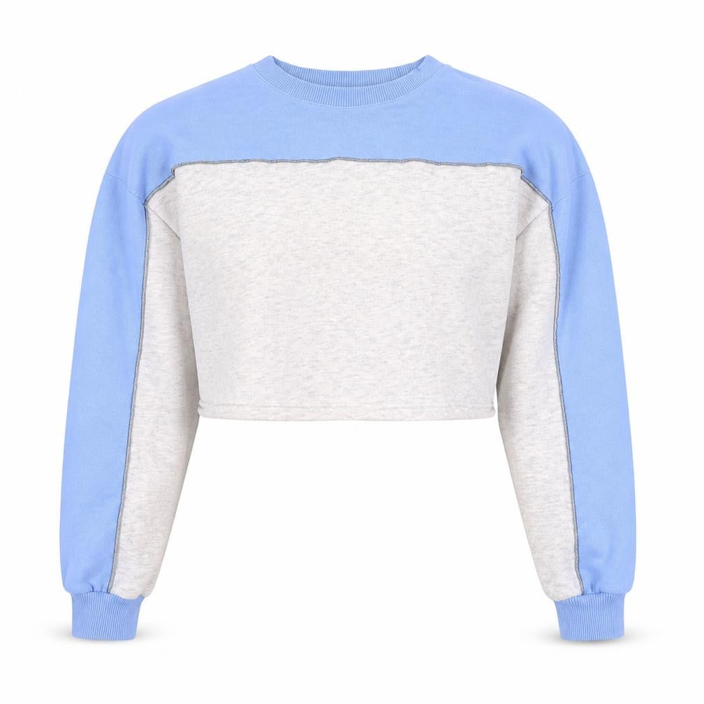 Front view of ISAWITFIRST Women Blue & Grey Cropped Pullover Sweatshirt UK 8