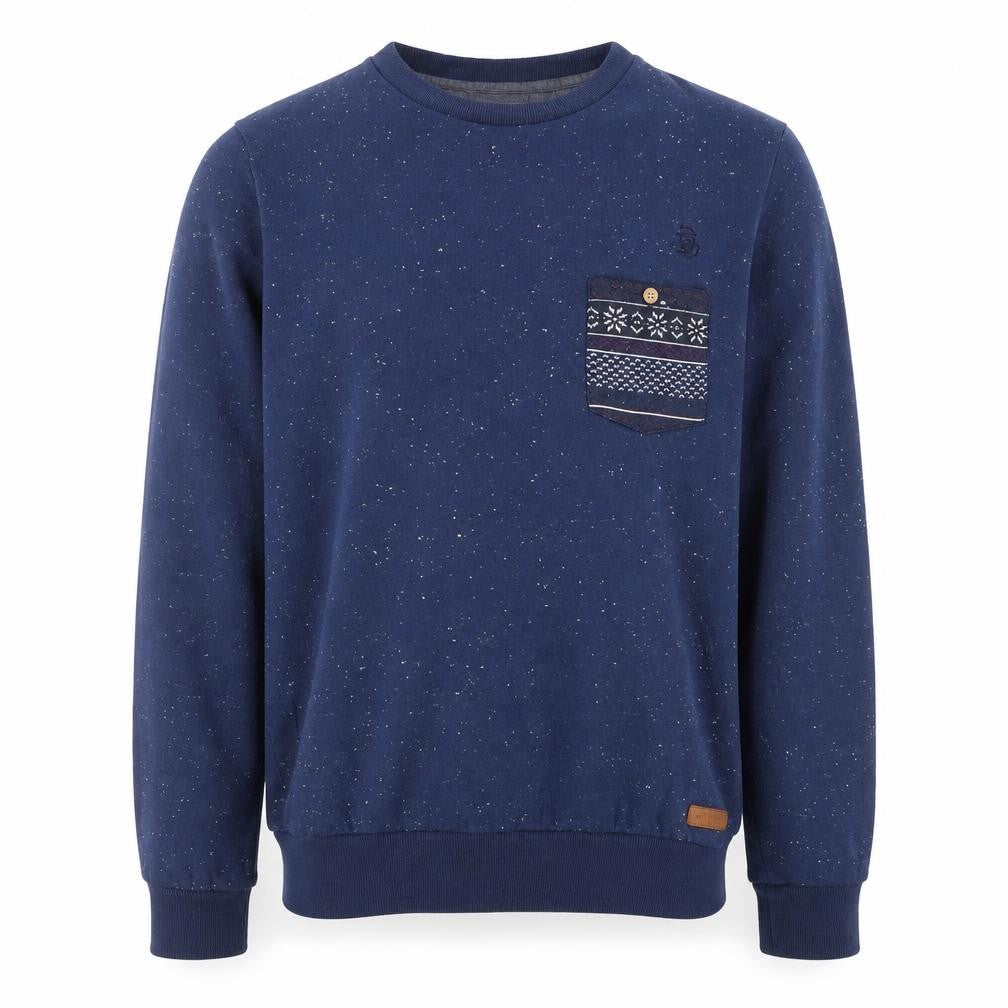 Front view of Nanny State Men's Blue Fair Isle Pocket Crew Neck Sweatshirt Medium