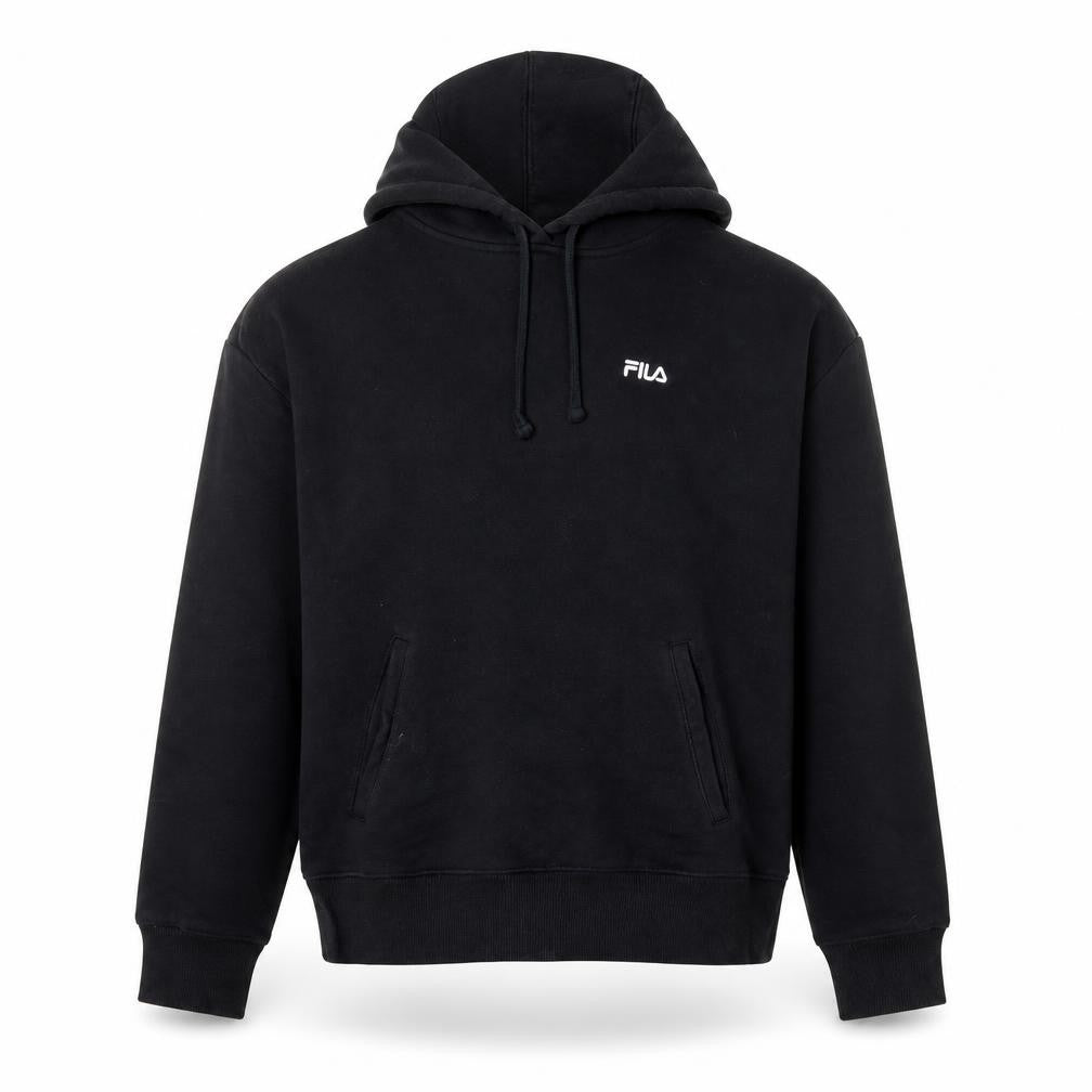 Front view of Fila Men’s Black Pullover Hoodie, size S, Logo Fleece Sweatshirt