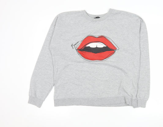 New Look Women Grey Graphic Pullover Sweatshirt UK 14 Cotton Blend