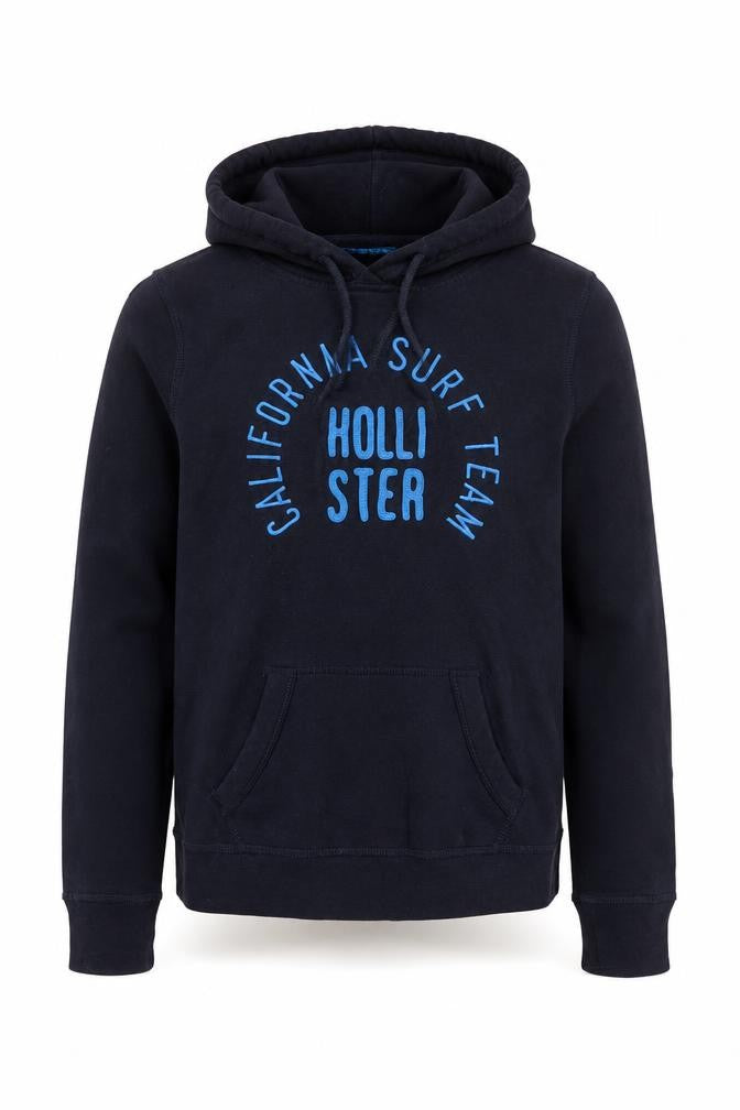Front view of Hollister men’s black hoodie medium pullover graphic surf team cotton