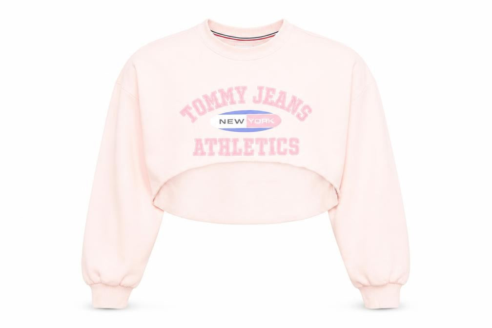 Front view of Tommy Jeans women’s pink cropped pullover sweatshirt, size S