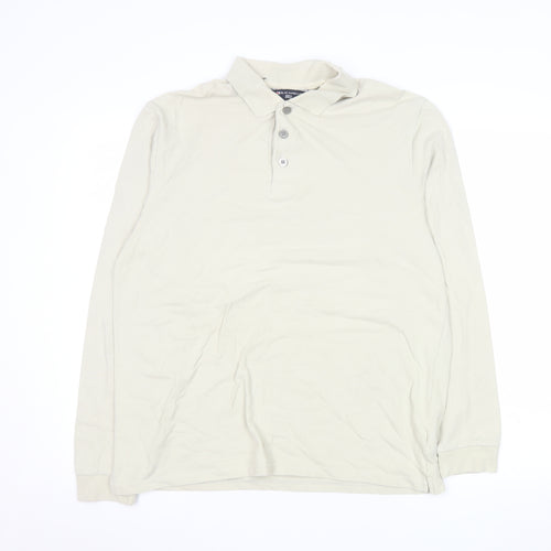 Marks and Spencer Men's Beige Long Sleeve Cotton Stretch Polo Medium