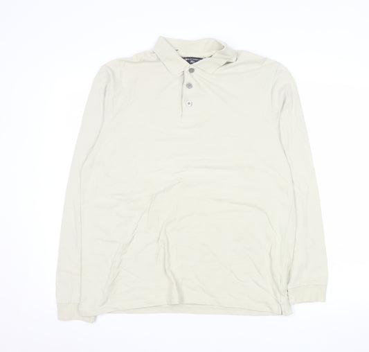 Marks and Spencer Men's Beige Long Sleeve Cotton Stretch Polo Medium
