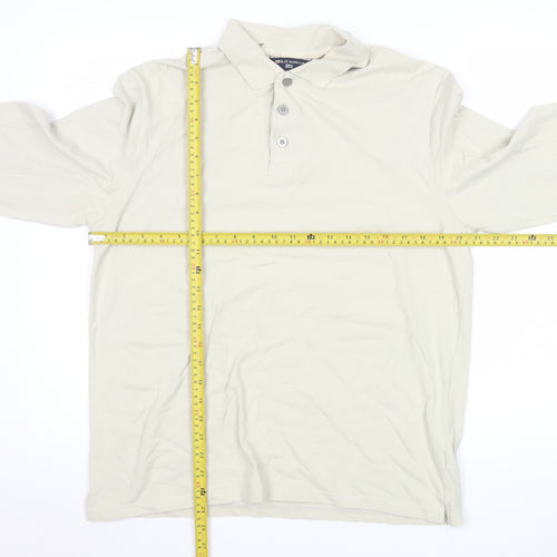 Marks and Spencer Men's Beige Long Sleeve Cotton Stretch Polo Medium