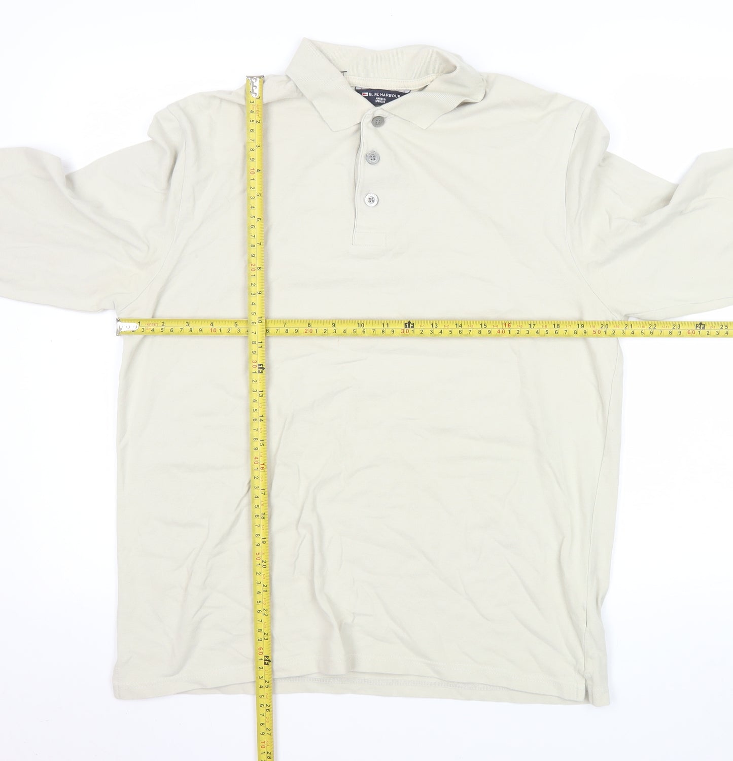 Marks and Spencer Men's Beige Long Sleeve Cotton Stretch Polo Medium