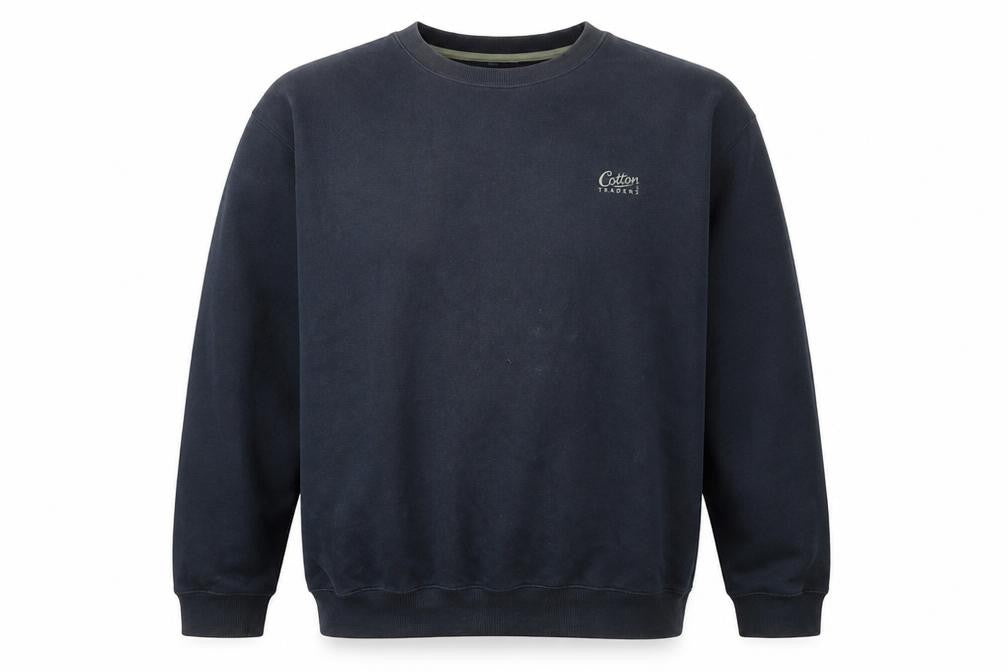 Front view of Cotton Traders Men's Blue Crew Neck Pullover Sweatshirt, size M