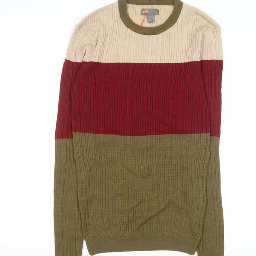 ASOS Mens Beige Red Brown Colour Block Cotton Crew Neck Jumper M