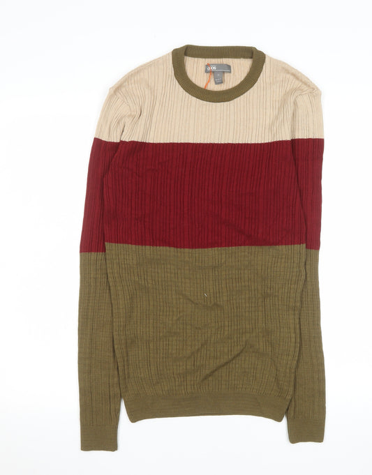 ASOS Mens Beige Red Brown Colour Block Cotton Crew Neck Jumper M