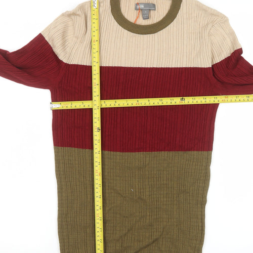ASOS Mens Beige Red Brown Colour Block Cotton Crew Neck Jumper M