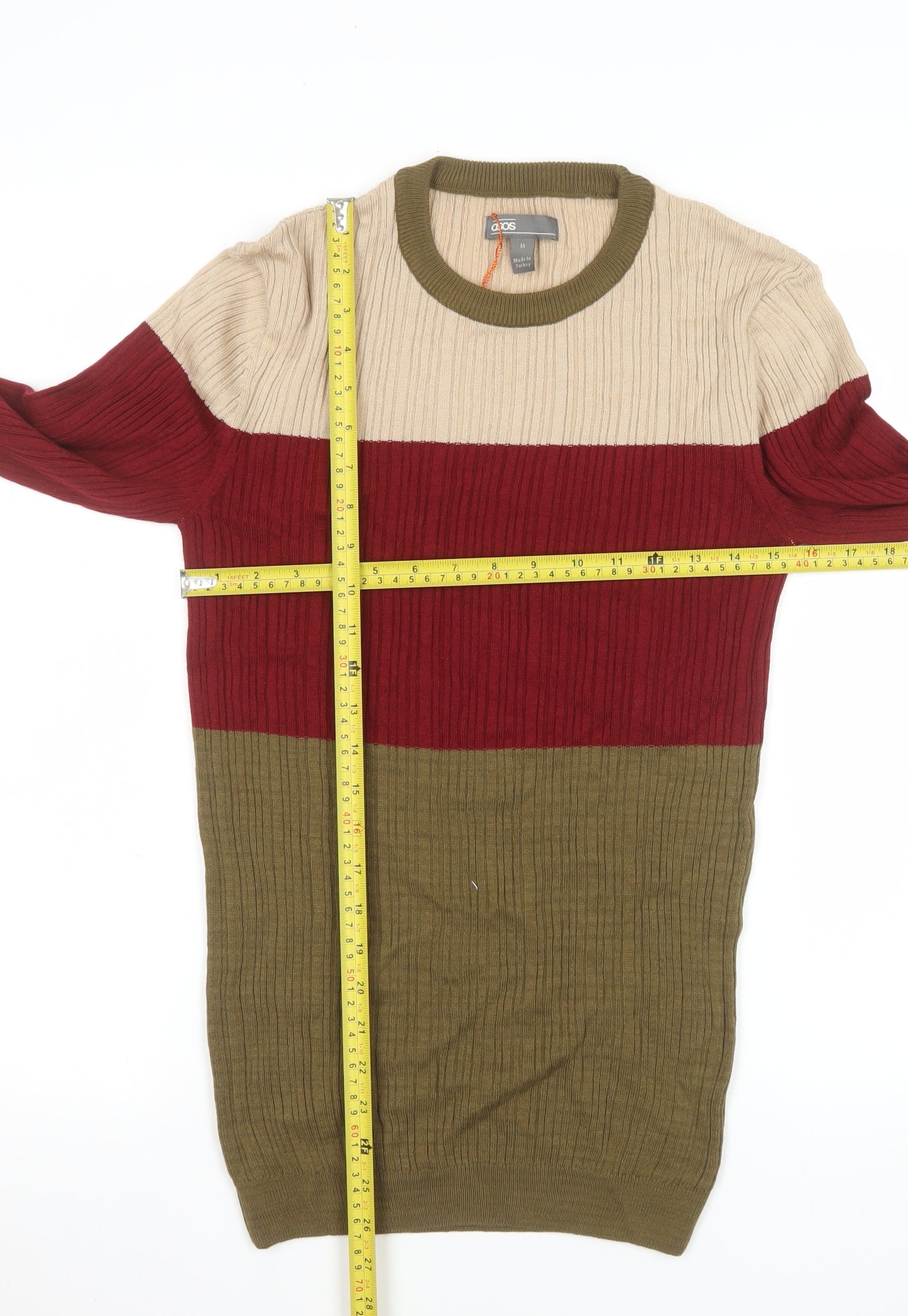 ASOS Mens Beige Red Brown Colour Block Cotton Crew Neck Jumper M