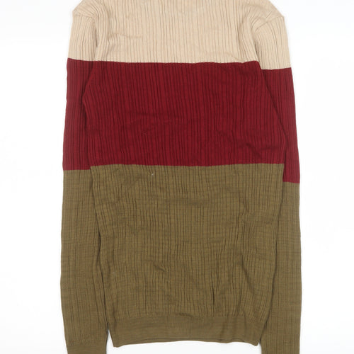 ASOS Mens Beige Red Brown Colour Block Cotton Crew Neck Jumper M