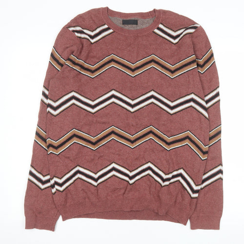 ASOS Mens Brown Chevron Cotton Knit Jumper L Crew Neck Pullover