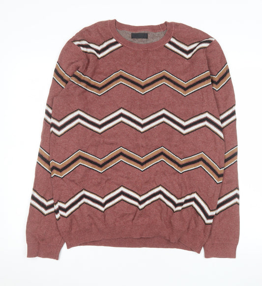 ASOS Mens Brown Chevron Cotton Knit Jumper L Crew Neck Pullover