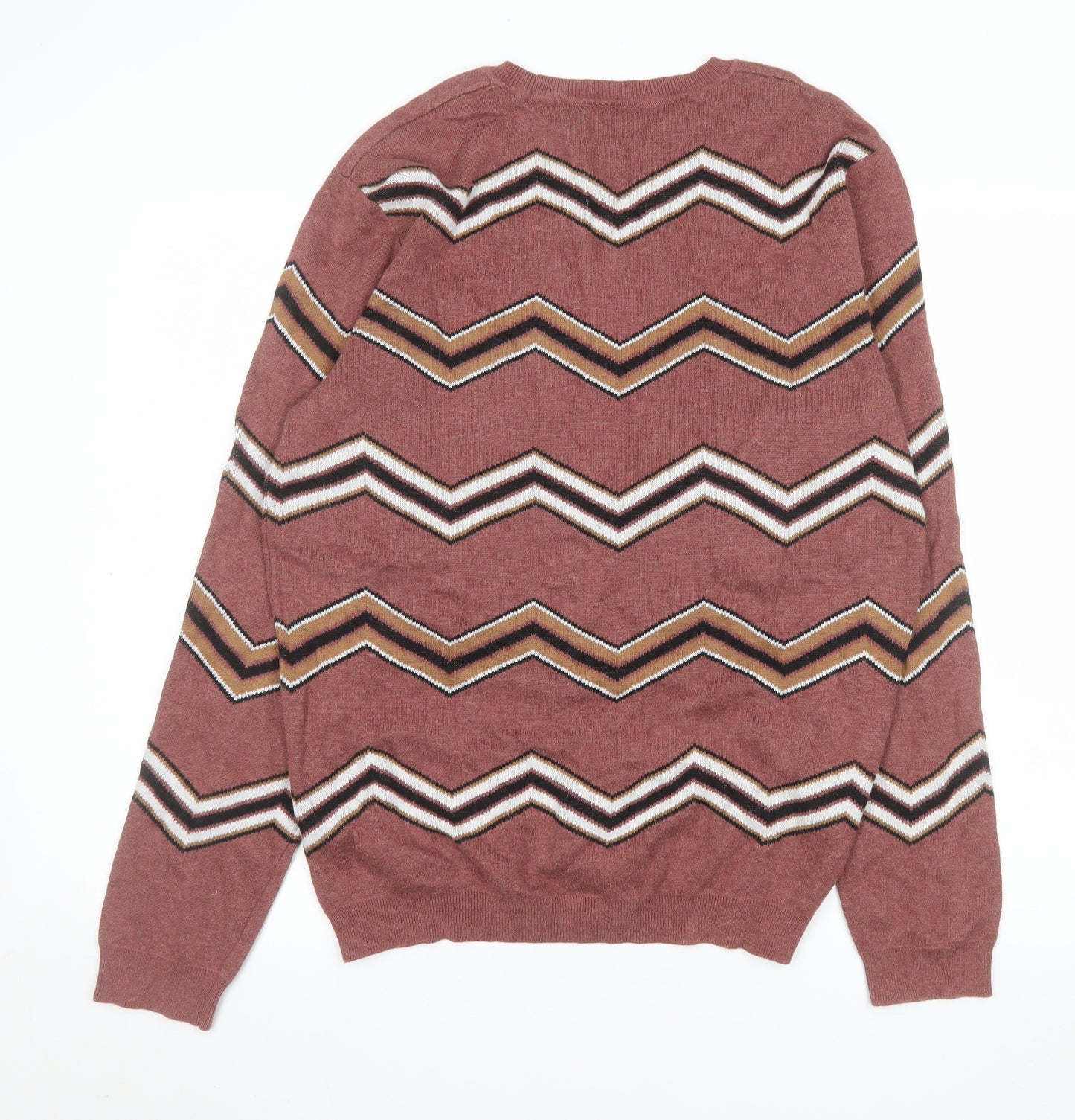 ASOS Mens Brown Chevron Cotton Knit Jumper L Crew Neck Pullover