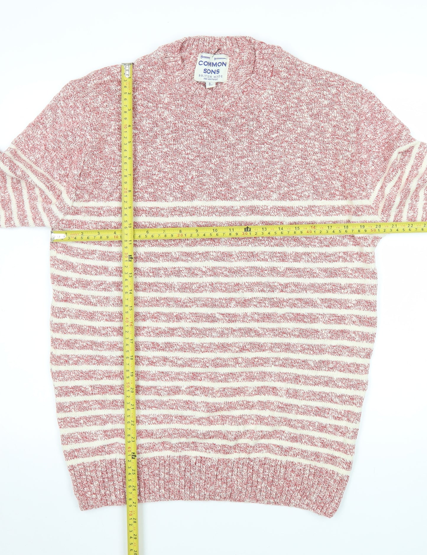 Common Sons Men's Red Striped Cotton Crew Neck Jumper Size L