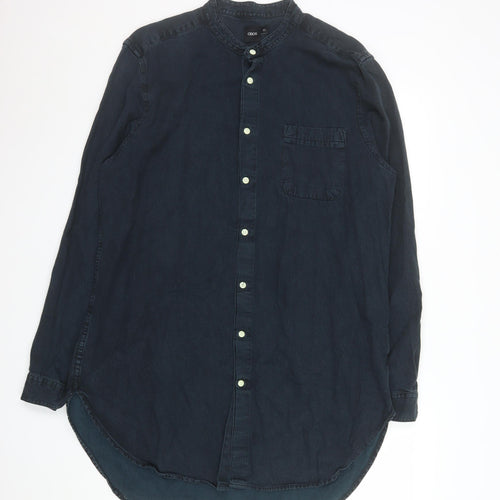 ASOS Men Blue Cotton Band Collar Long Sleeve Button-Up Shirt XL