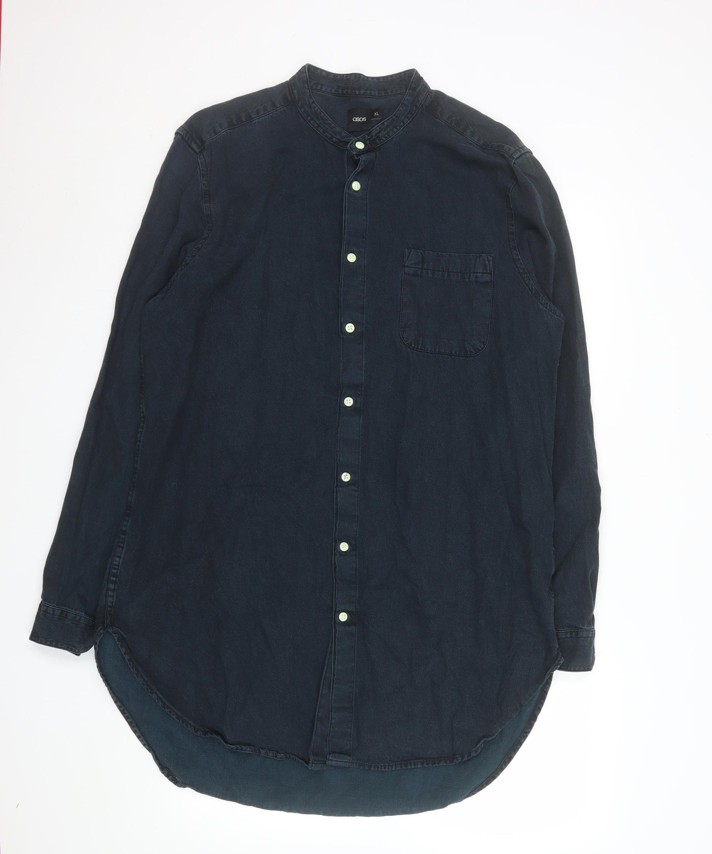 ASOS Men Blue Cotton Band Collar Long Sleeve Button-Up Shirt XL