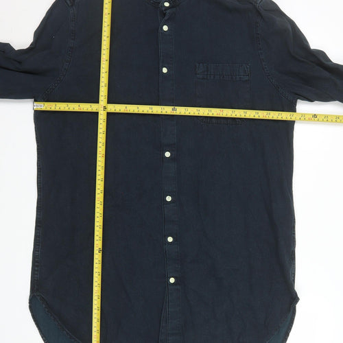 ASOS Men Blue Cotton Band Collar Long Sleeve Button-Up Shirt XL