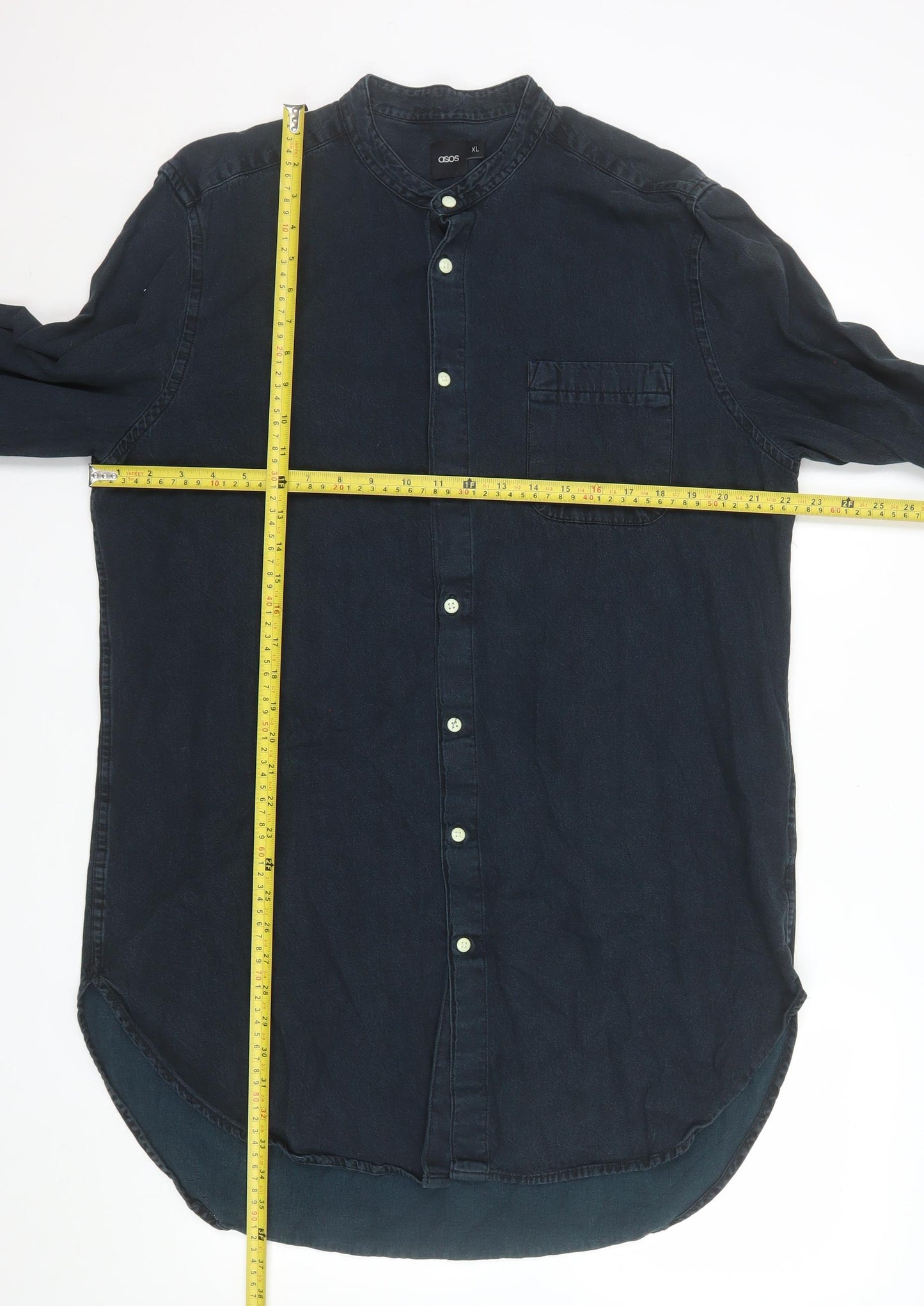 ASOS Men Blue Cotton Band Collar Long Sleeve Button-Up Shirt XL