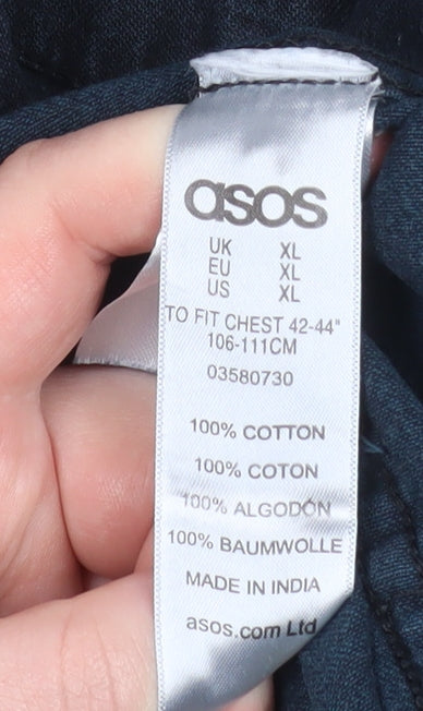 ASOS Men Blue Cotton Band Collar Long Sleeve Button-Up Shirt XL