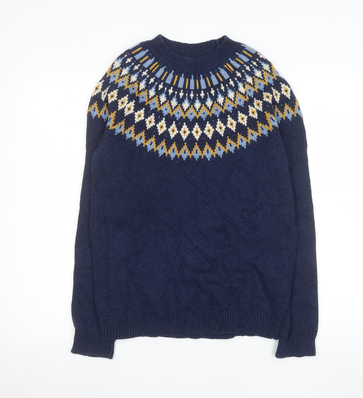 Fat Face Women's Navy Fair Isle Crew Neck Jumper UK 8 Wool Cotton Blend